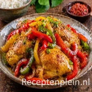 Ajam Paniki with stir-fried bell peppers in a spicy sauce on a rustic wooden table