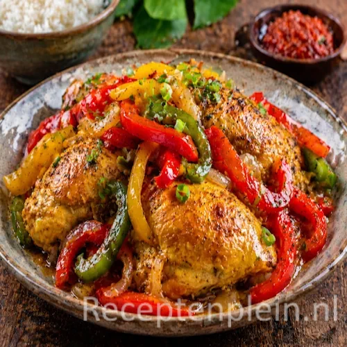Ajam Paniki with stir-fried bell peppers in a spicy sauce on a rustic wooden table