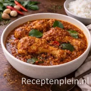 Stukjes malse kip in een donkere hartige saus voor het recept Pittige Kip uit Bali maken.
