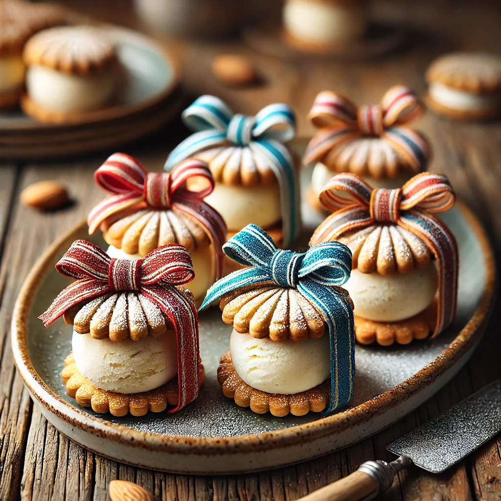 IJscadeautjes van amandel speculaasjes met een bol romig vanille-ijs ertussen, feestelijk verpakt met kleurrijke linten en bestrooid met poedersuiker, geserveerd op een rustieke houten tafel.