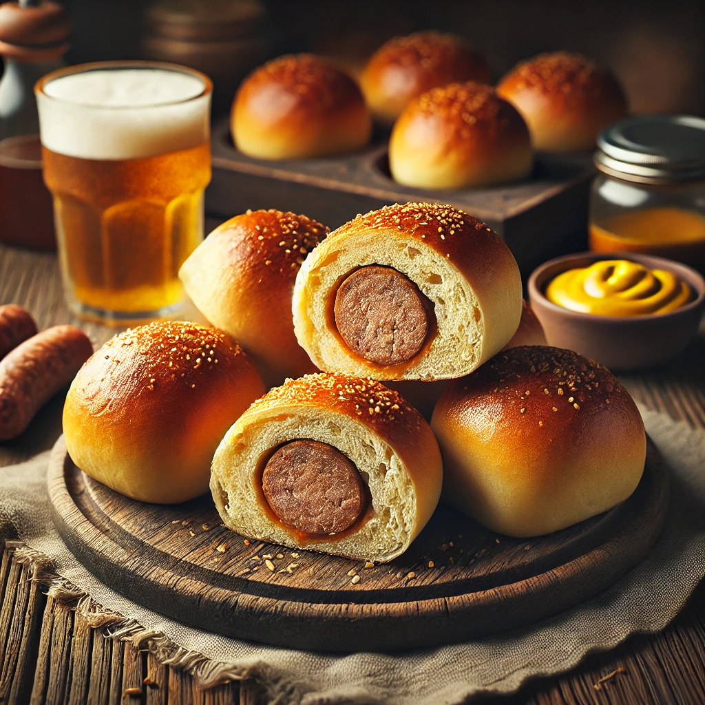 Goudbruine Brabantse worstenbroodjes op een houten plank, één opengesneden met zichtbaar gekruid vlees, geserveerd met mosterd en bier.