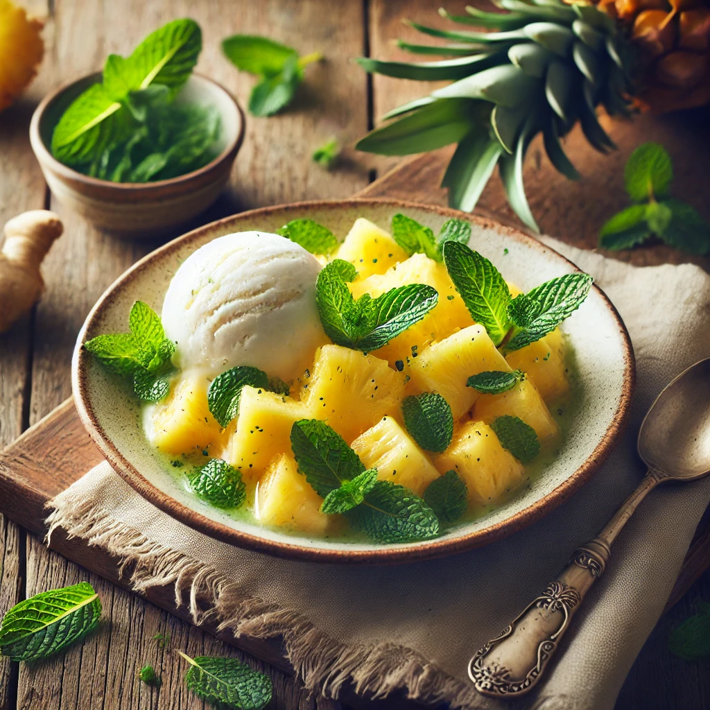 Een verfrissend dessert met sappige stukjes ananas en verse munt, geserveerd met een romige bol vanille-ijs. De salade is licht besprenkeld met gembersiroop en afgewerkt met een knapperige topping van seroendeng. Op de rustieke houten tafel liggen een linnen servet, een vintage lepel en een klein schaaltje met extra muntblaadjes. Zachte, natuurlijke verlichting benadrukt de heldere kleuren en frisse texturen van het gerecht.