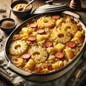 Een hartverwarmende ovenschotel met lagen pittige zuurkool, zoete ananasstukjes en gerookte katenspek, afgedekt met dunne goudbruine aardappelschijfjes. Een romige saus met zure room zorgt voor extra smeuïgheid. De schotel is geserveerd in een rustieke keramische ovenschaal op een houten tafel, met een vintage opscheplepel, een linnen servet en een klein schaaltje extra saus. Zachte natuurlijke verlichting benadrukt de warme tinten en rijke smaken van het gerecht.
