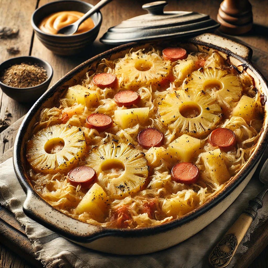Een hartverwarmende ovenschotel met lagen pittige zuurkool, zoete ananasstukjes en gerookte katenspek, afgedekt met dunne goudbruine aardappelschijfjes. Een romige saus met zure room zorgt voor extra smeuïgheid. De schotel is geserveerd in een rustieke keramische ovenschaal op een houten tafel, met een vintage opscheplepel, een linnen servet en een klein schaaltje extra saus. Zachte natuurlijke verlichting benadrukt de warme tinten en rijke smaken van het gerecht.
