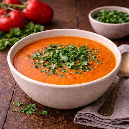 Romige Andalusische paprikasoep geserveerd in een rustieke kom op een houten tafel, gegarneerd met verse koriander, met tomaten en kruiden op de achtergrond.