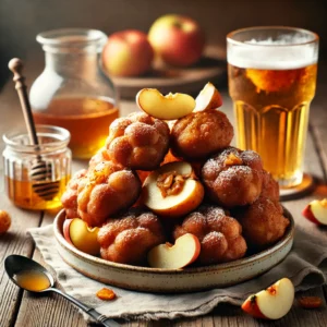 Goudbruine appel-gember oliebollen met poedersuiker, geserveerd met verse appelschijfjes, honing en een glas verfrissend gemberbier op een rustieke houten tafel.