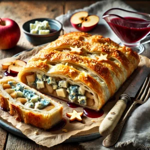 Een goudbruin gebakken appel-stiltonstrudel met een knapperige filodeegkorst, gevuld met zachte appelblokjes en romige blauwe Stiltonkaas. Over de plakjes strudel is een diepe rode portsaus gedruppeld, terwijl decoratieve appelsterretjes zorgen voor een feestelijke touch. Op de rustieke houten tafel liggen een linnen servet, een vintage vork en een klein schaaltje extra portsaus. Zachte natuurlijke verlichting benadrukt de warme tinten en krokante texturen van het gerecht.