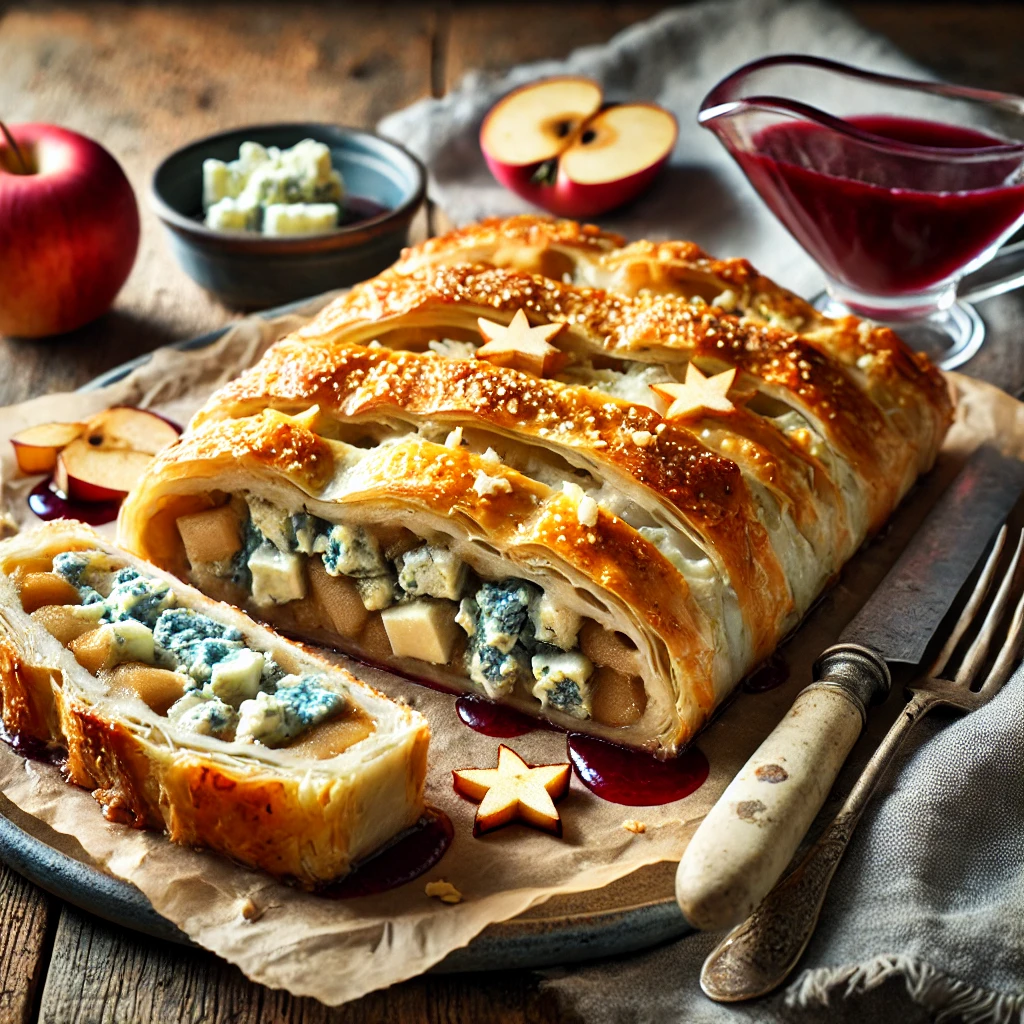 Een goudbruin gebakken appel-stiltonstrudel met een knapperige filodeegkorst, gevuld met zachte appelblokjes en romige blauwe Stiltonkaas. Over de plakjes strudel is een diepe rode portsaus gedruppeld, terwijl decoratieve appelsterretjes zorgen voor een feestelijke touch. Op de rustieke houten tafel liggen een linnen servet, een vintage vork en een klein schaaltje extra portsaus. Zachte natuurlijke verlichting benadrukt de warme tinten en krokante texturen van het gerecht.