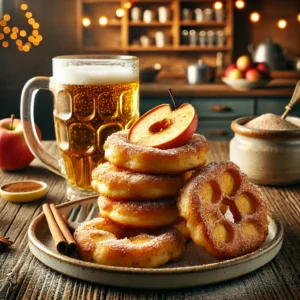 Een rustieke houten tafel met goudbruine, knapperige appelbeignets gemaakt met bierbeslag. De beignets zijn rond, met duidelijk zichtbare appelschijven binnenin en bestoven met poedersuiker. Enkele zijn opengesneden om de vulling te tonen. Geserveerd op een keramisch bord met kaneelsuiker en een glas koud bier. De achtergrond toont een gezellige keuken met warme, feestelijke verlichting.