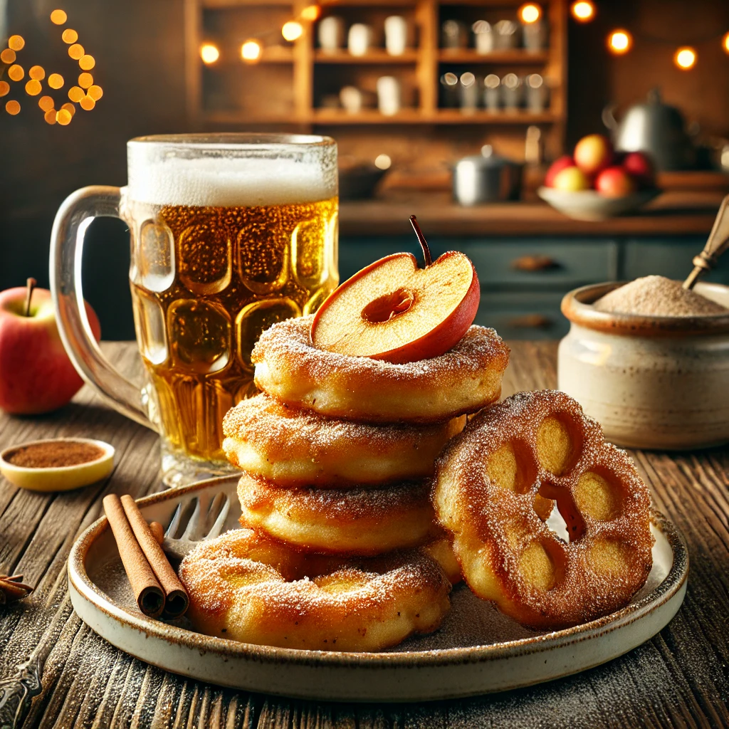 Een rustieke houten tafel met goudbruine, knapperige appelbeignets gemaakt met bierbeslag. De beignets zijn rond, met duidelijk zichtbare appelschijven binnenin en bestoven met poedersuiker. Enkele zijn opengesneden om de vulling te tonen. Geserveerd op een keramisch bord met kaneelsuiker en een glas koud bier. De achtergrond toont een gezellige keuken met warme, feestelijke verlichting.