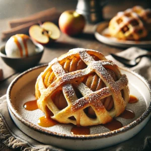 Goudbruine appelbollen in een knapperig bladerdeegnet, bestrooid met poedersuiker en karamelsaus, geserveerd met een bolletje vanille-ijs op een rustieke houten tafel.