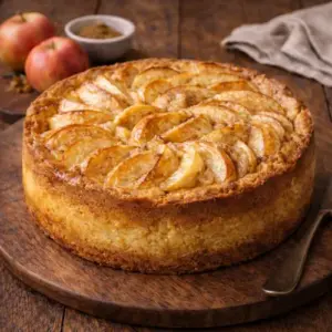 Appelroomcake met rozet van kaneelappelschijven, gebakken tot een goudbruine korst, gepresenteerd op een houten plank met appels en kaneel op de achtergrond.