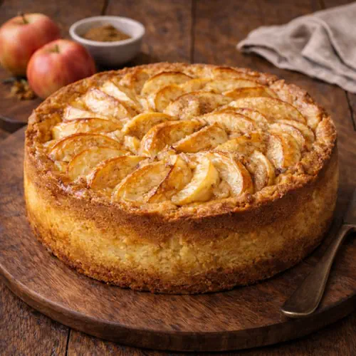 Appelroomcake met rozet van kaneelappelschijven, gebakken tot een goudbruine korst, gepresenteerd op een houten plank met appels en kaneel op de achtergrond.