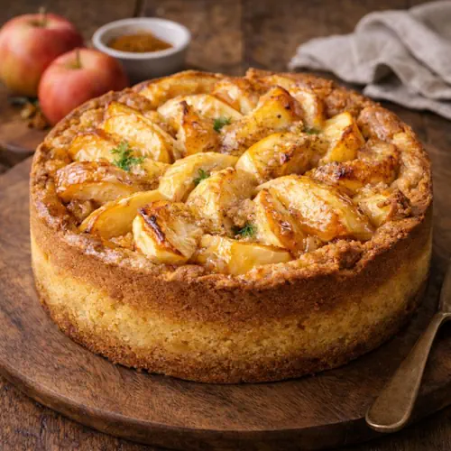 Ambachtelijke appeltaart met glanzende appelpartjes, kaneel en een stevige korst van koekjesdeeg en cakedeeg, geserveerd op een houten plank met appels en specerijen op de achtergrond.