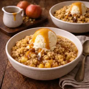 Twee kommen warme apple crumble met vanille-ijs en een royale karamelsaus, geserveerd op een houten tafel met appels en een klein kannetje karamel op de achtergrond.