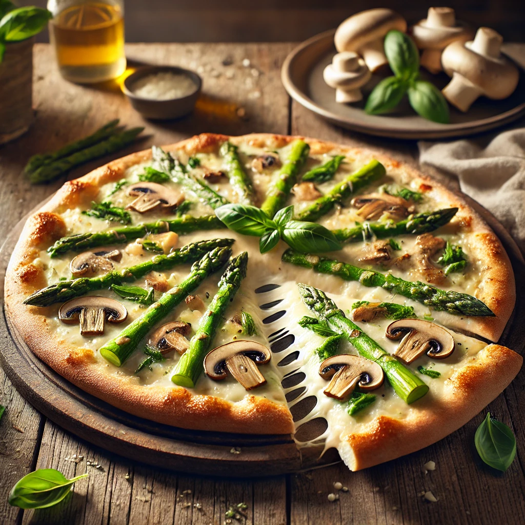 Dunne, goudbruine pizza belegd met groene asperges, sappige champignons en gesmolten kaas, geserveerd met verse basilicum op een rustieke houten tafel.