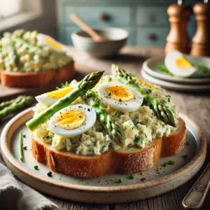 Romige asperge-eiersalade met verse kruiden en zwarte peper, royaal geserveerd op knapperig tijgerbrood, op een rustieke houten tafel.