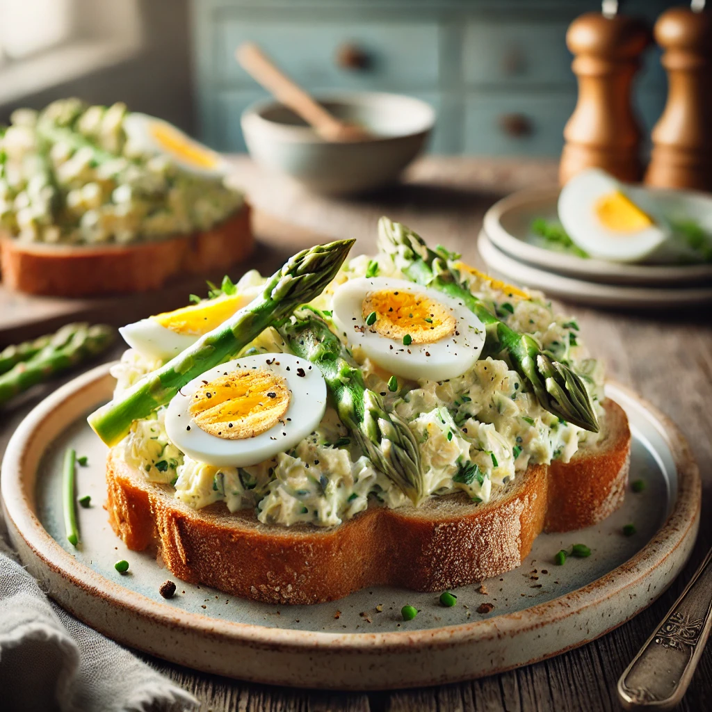 Romige asperge-eiersalade met verse kruiden en zwarte peper, royaal geserveerd op knapperig tijgerbrood, op een rustieke houten tafel.