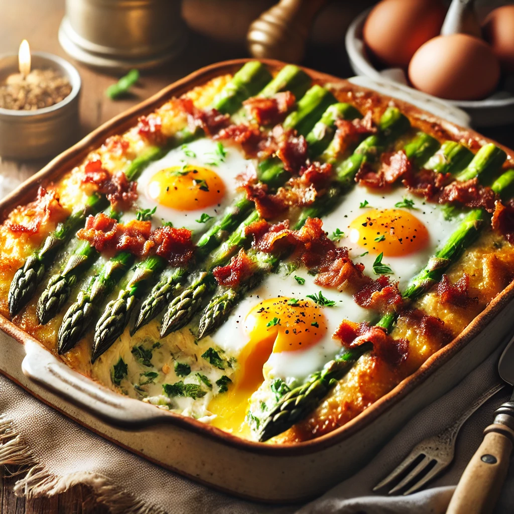 Romige ovenschotel met groene asperges, gebakken eieren en krokante bacon, geserveerd in een rustieke ovenschaal op een houten tafel.