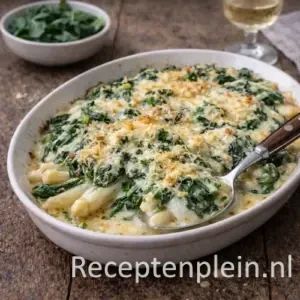 Asperge Spinazie Gratin op rustieke houten tafel