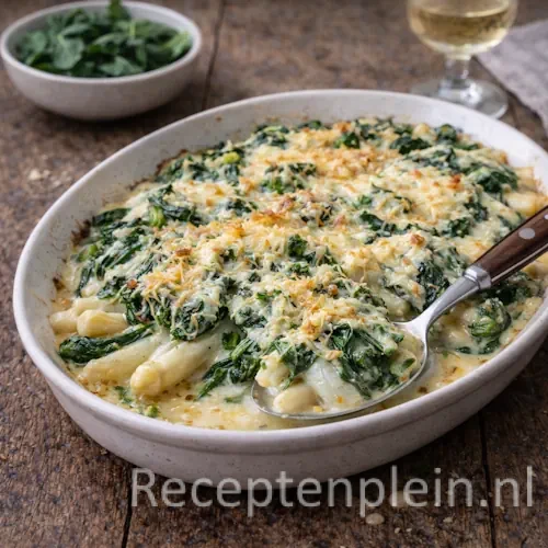 Asperge Spinazie Gratin op rustieke houten tafel