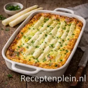 Asperge Clafoutis op rustieke houten tafel