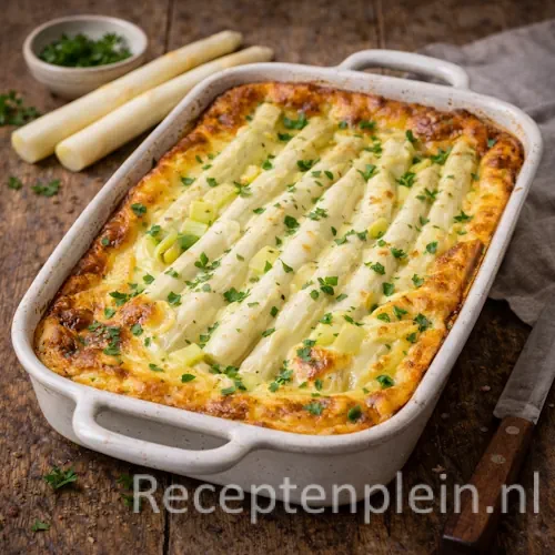 Asperge Clafoutis op rustieke houten tafel