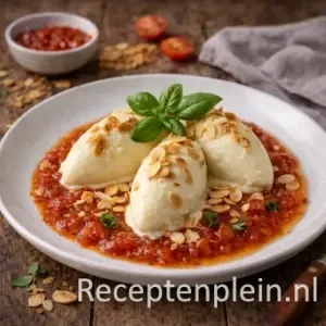 Asperge ijs met gegrilde amandelen en tomatenconfiture op rustieke houten tafel