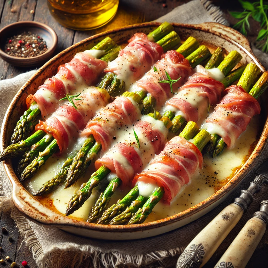 Een heerlijke ovenschaal met gegratineerde aspergerolletjes, waarbij witte asperges zijn omwikkeld met dunne plakjes prosciutto en overgoten met gesmolten mozzarella. De rolletjes zijn goudbruin en licht krokant, met een boterachtige glans. Een vleugje zwarte peper en verse kruiden zorgen voor een verfijnde afwerking. Op de rustieke houten tafel liggen een linnen servet, een vintage vork en mes, en een klein schaaltje met extra gesmolten boter. Zachte, natuurlijke verlichting benadrukt de warme tinten en smeuïge texturen van het gerecht.