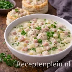 Aspergeragoût met ham op een rustieke houten tafel.