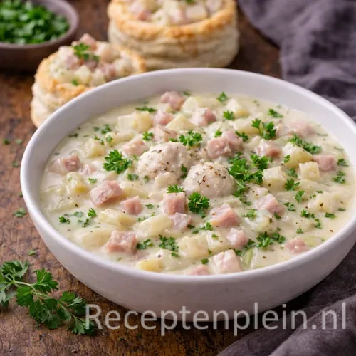 Aspergeragoût met ham op een rustieke houten tafel.