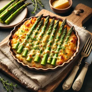 Een smaakvol gerecht van asperges gratin met oude kaas, geserveerd op een rustieke houten tafel. De groene en witte asperges zijn gebakken onder een goudbruine, knapperige kaaslaag en gegarneerd met verse tijm. Naast het bord ligt een vintage vork en mes, samen met een linnen servet. Op de achtergrond liggen extra asperges en een schaaltje geraspte oude kaas, terwijl de warme, natuurlijke verlichting de rijke kleuren en texturen benadrukt.