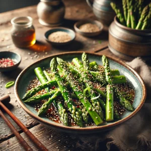 Groene asperges roergebakken in sojasaus en bestrooid met geroosterde sesamzaadjes, geserveerd op een rustieke houten tafel met chopsticks.