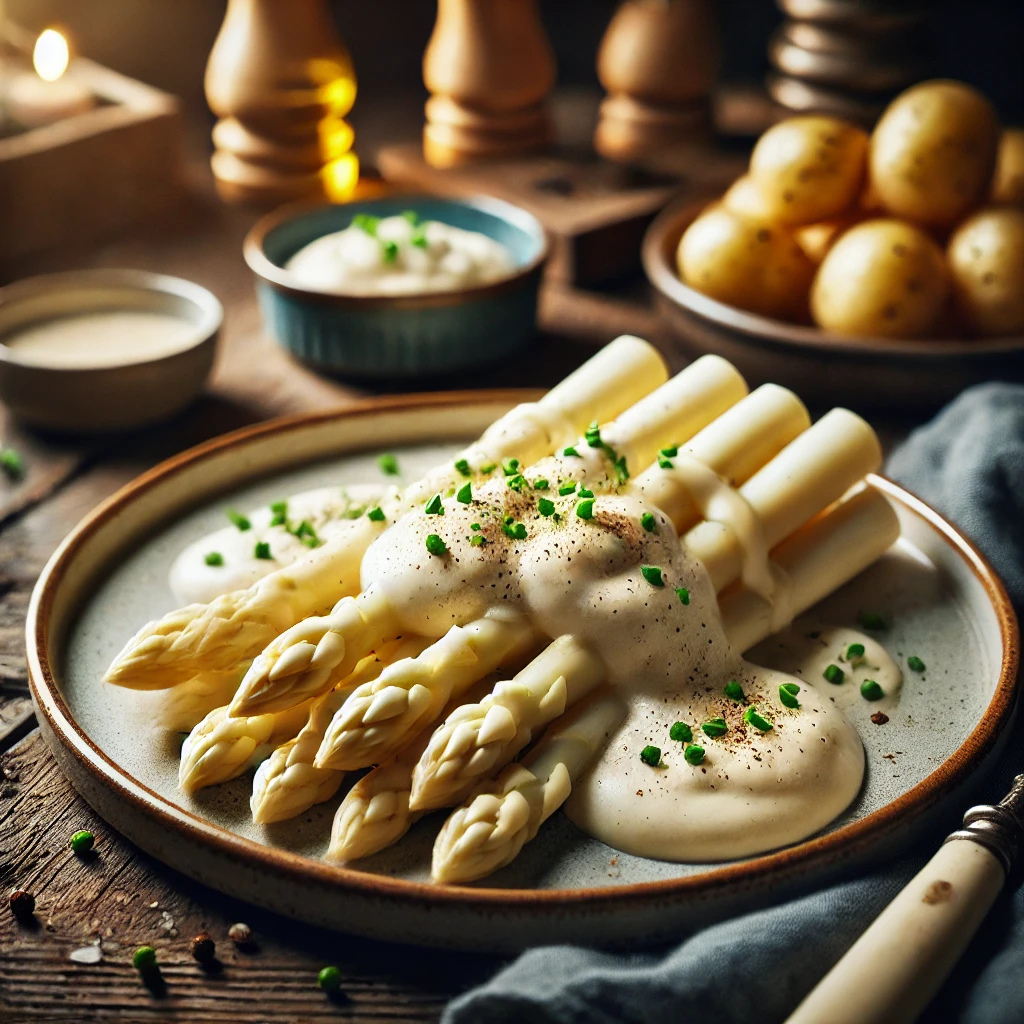 Witte asperges met een luchtige mousselinesaus, gegarneerd met bieslook en zwarte peper, geserveerd met krielaardappelen op een rustieke houten tafel.