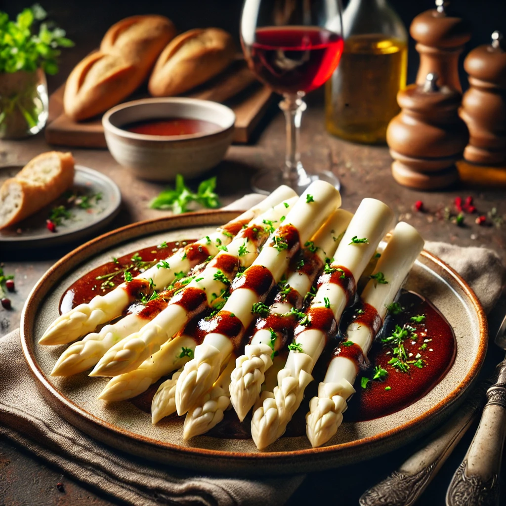 Witte asperges met een rijke Beaujolais-wijnsaus, gegarneerd met verse kruiden en geserveerd met knapperig brood en een glas rode wijn.