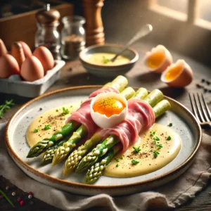 Witte asperges gewikkeld in Gandaham met een romige eiercrème, gegarneerd met verse kruiden en zwarte peper, geserveerd op een rustieke houten tafel.
