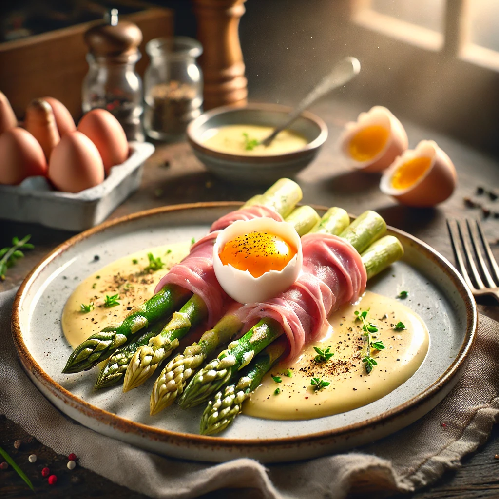 Witte asperges gewikkeld in Gandaham met een romige eiercrème, gegarneerd met verse kruiden en zwarte peper, geserveerd op een rustieke houten tafel.