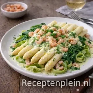 Asperges met Garnalen en Tagliatelle op een rustieke houten tafel.