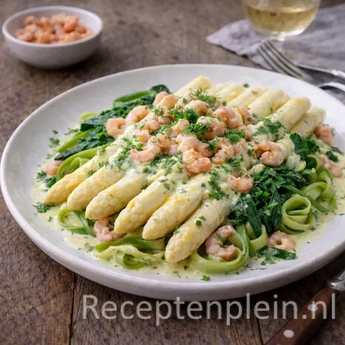 Asperges met Garnalen en Tagliatelle op een rustieke houten tafel.
