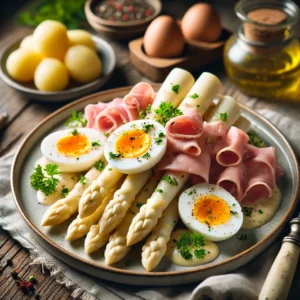 Klassiek gerecht met witte asperges, dungesneden ham, een romige kruidensaus en een zachtgekookt ei, geserveerd met gekookte aardappelen op een rustieke houten tafel.