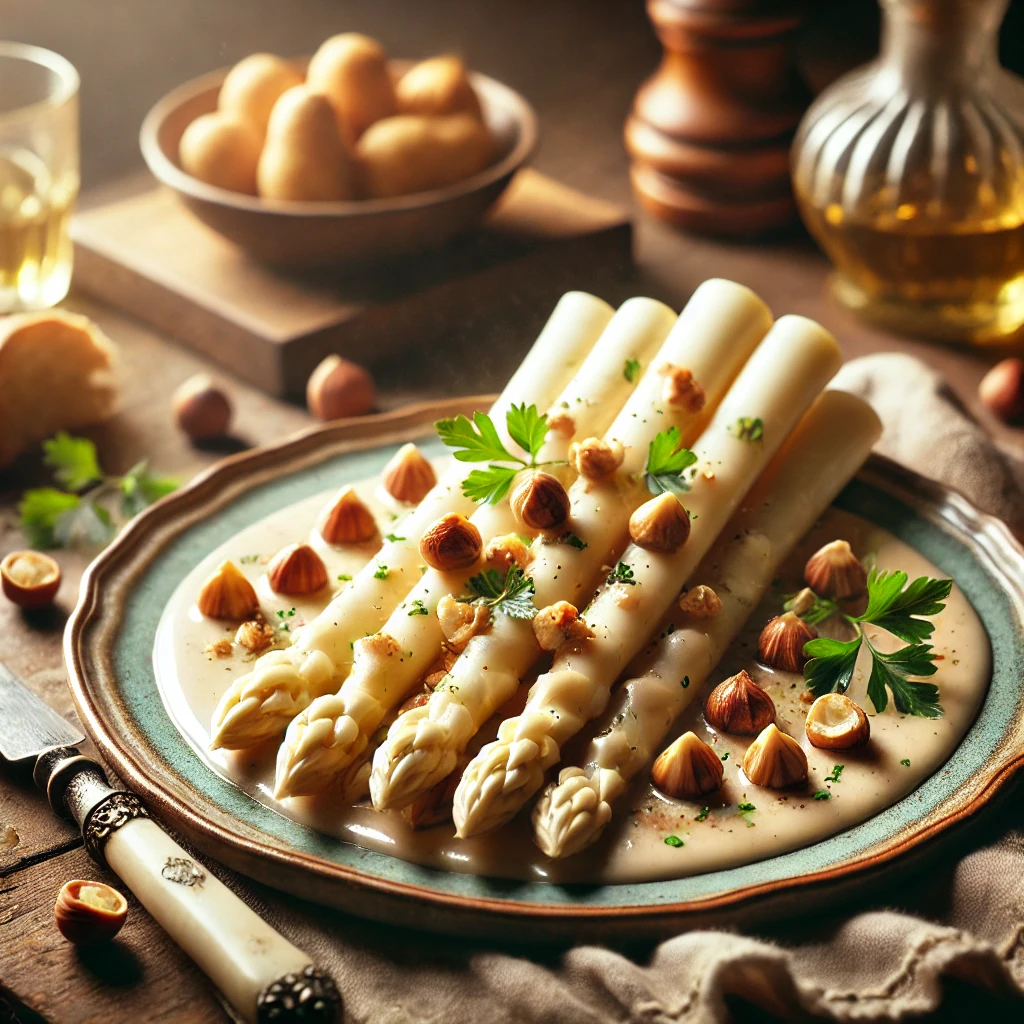 Witte asperges met een romige hazelnoot-boterjus, gegarneerd met geroosterde hazelnoten en verse peterselie, geserveerd op een rustieke houten tafel.