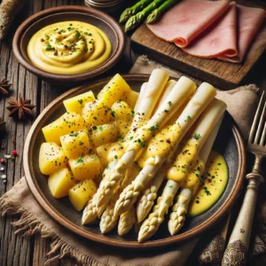 Asperges met Hollandaise Saus op een rustieke houten tafel.