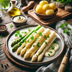 Witte asperges met een luchtige kruiden sabayon, gegarneerd met verse peterselie en zwarte peper, geserveerd met gekookte aardappelen op een rustieke houten tafel.