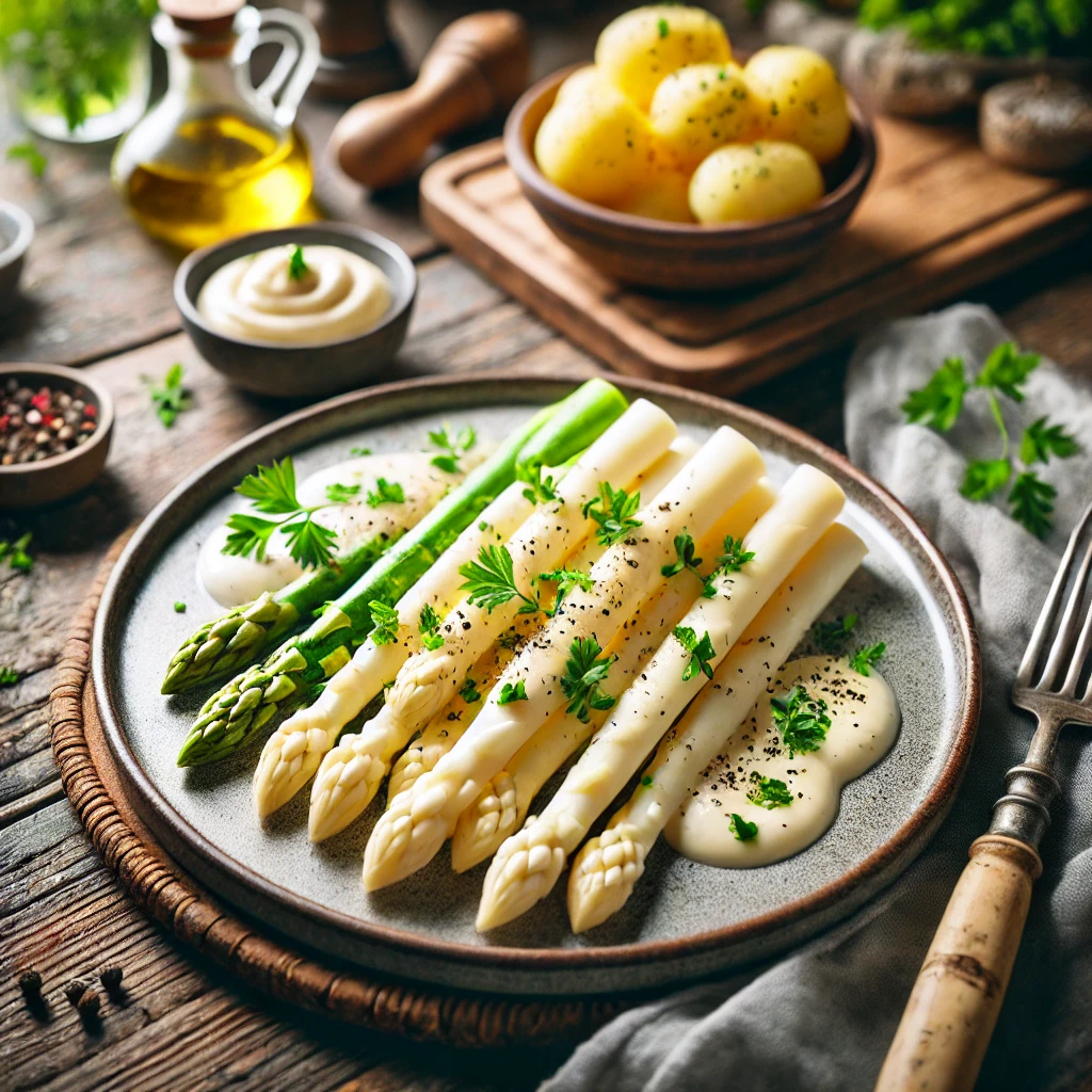 Witte asperges met een luchtige kruiden sabayon, gegarneerd met verse peterselie en zwarte peper, geserveerd met gekookte aardappelen op een rustieke houten tafel.