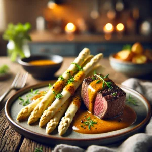 Witte asperges met sappige ossenhaas en romige kerriesaus, geserveerd met krokant geroosterde aardappelen op een rustieke houten tafel.
