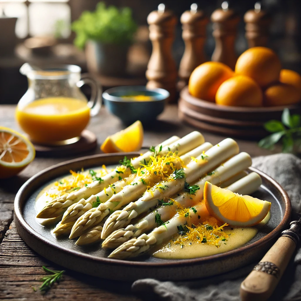 Witte asperges met een romige citrusbotersaus, gegarneerd met citroenzeste en verse kruiden, geserveerd op een rustieke houten tafel.