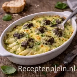 Asperges met slakken en basilicumsaus op een rustieke houten tafel.