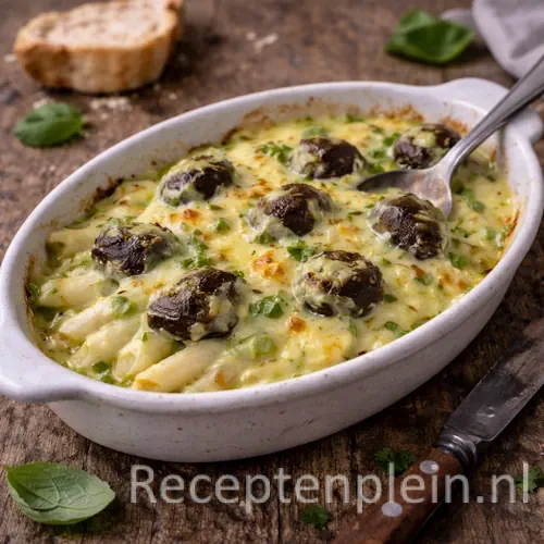 Asperges met slakken en basilicumsaus op een rustieke houten tafel.