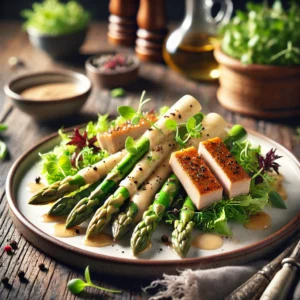 Salade van witte asperges met gebakken eendenlever en een verfijnde wijnvinaigrette, gegarneerd met microgreens en zwarte peper, geserveerd op een rustieke houten tafel.