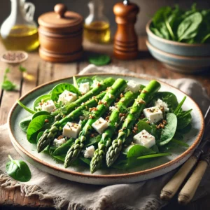 Frisse salade met groene asperges, verkruimelde feta en verse dragon, geserveerd op een bedje van spinazie met een lichte vinaigrette op een rustieke houten tafel.
